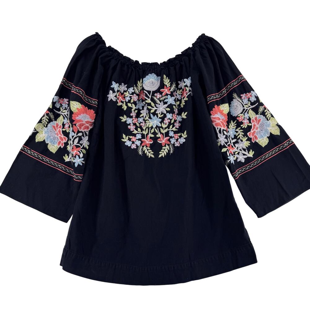 Free People Off Shoulder Embroidered Boho black Blouse Black Floral Oversized - Picture 2 of 7